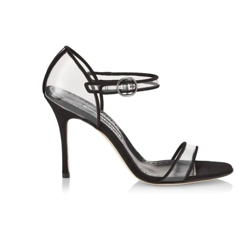 Manolo Blahnik Fersen 105MM Suede-Trimmed PVC Heel Sandals Size 37 - Picture 2 of 9